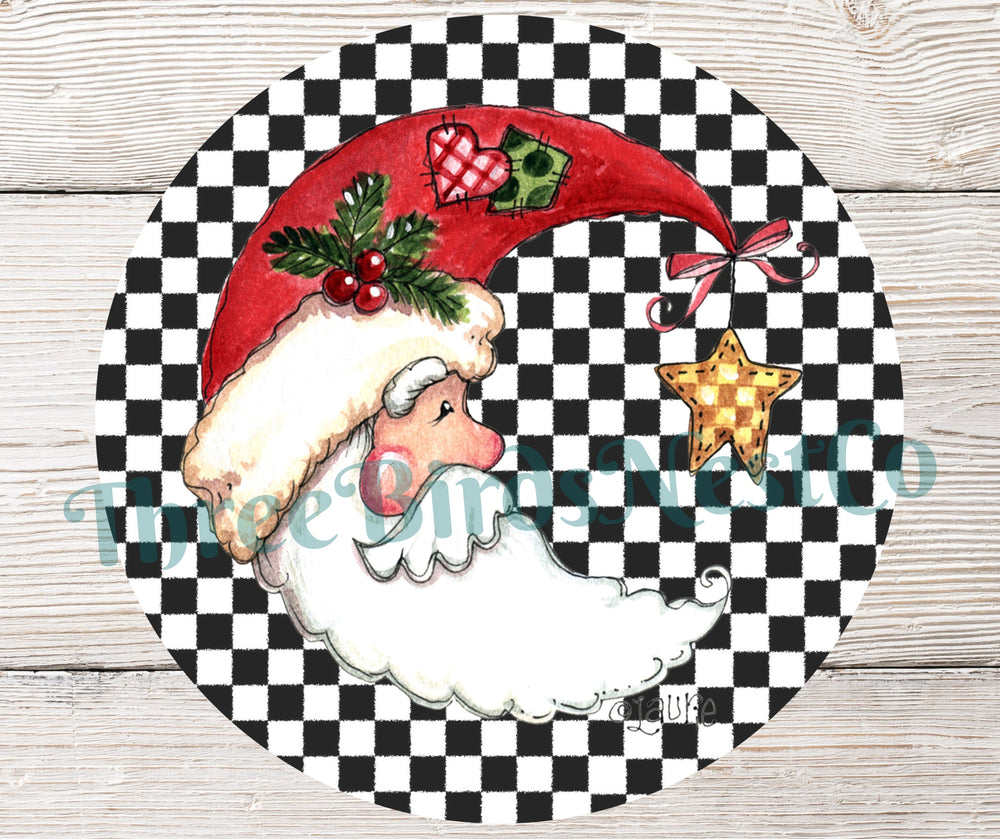 Primitive Crescent Santa on Black and White Checks Sign