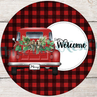 Welcome Winter Red Truck on Buffalo Plaid Sign
