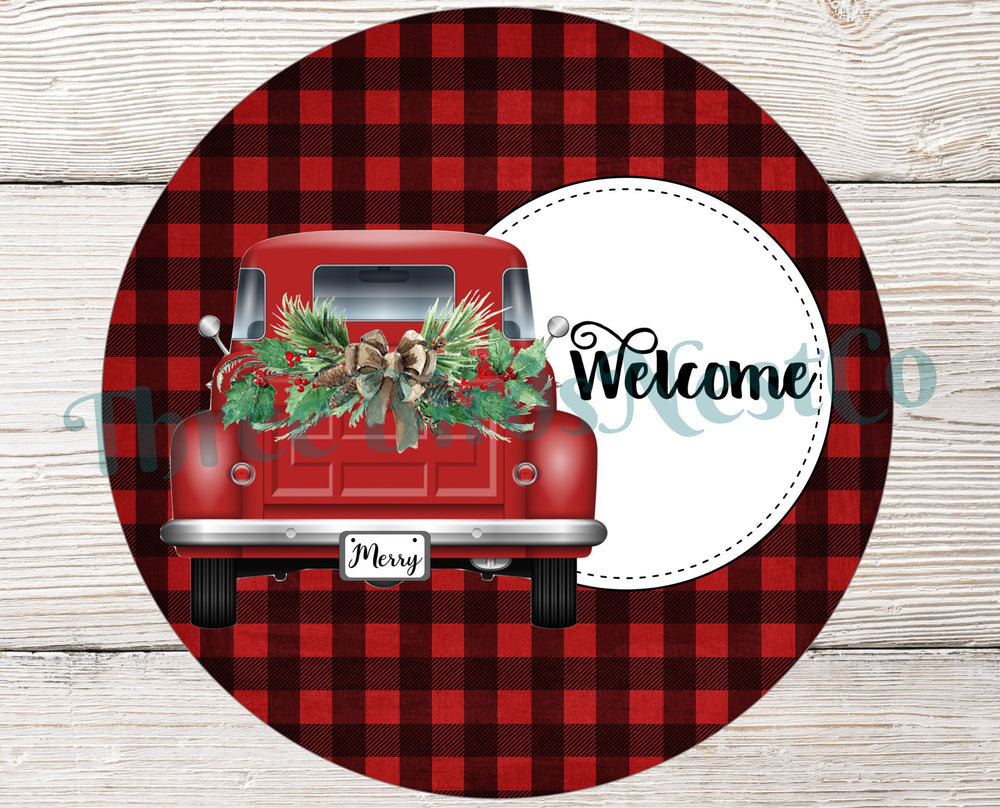 Welcome Winter Red Truck on Buffalo Plaid Sign