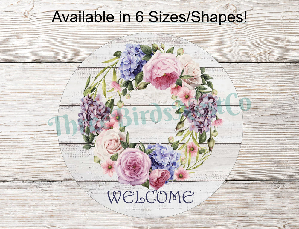 Hydrangea and Roses Wreath Welcome Sign