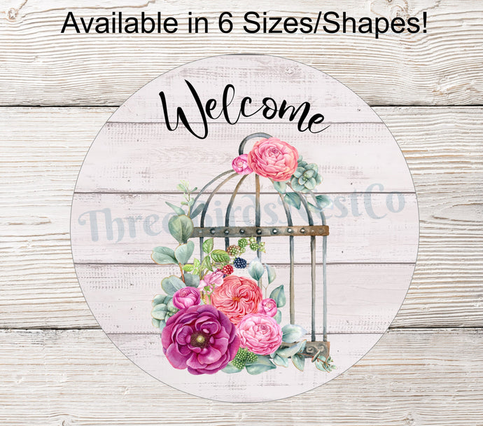 Welcome Wreath Sign - Birdcage Sign - Floral Wreath Sign - Birdcage Decor - Spring Wreath Signs - Everyday Signs - Everyday Wreath