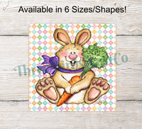 
              Smiling Easter Bunny with Carrot Sign
            