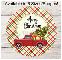 
              Merry Christmas Red Tree Truck on Plaid Sign
            