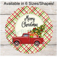 Merry Christmas Red Tree Truck on Plaid Sign