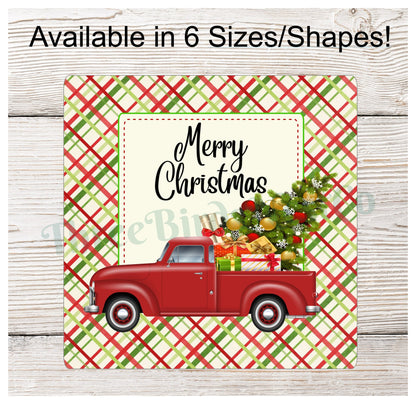 Merry Christmas Red Tree Truck on Plaid Sign