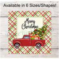 Merry Christmas Red Tree Truck on Plaid Sign