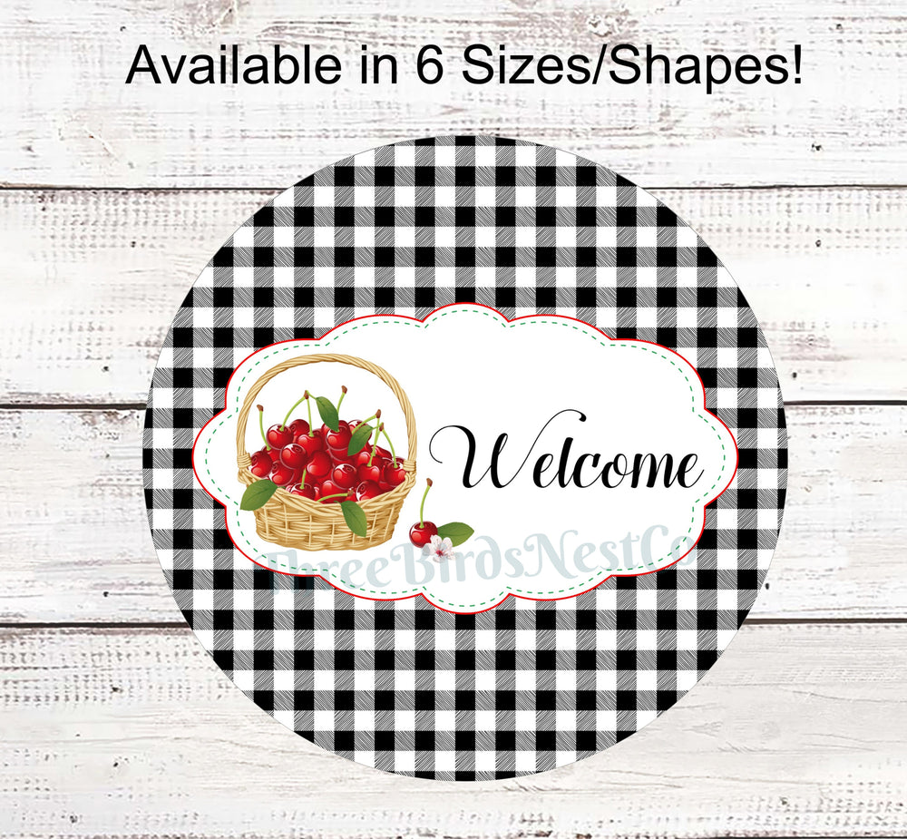 Cherries on Black Gingham Welcome Sign