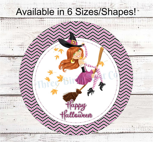 Happy Halloween Flying Witch on Chevron Sign