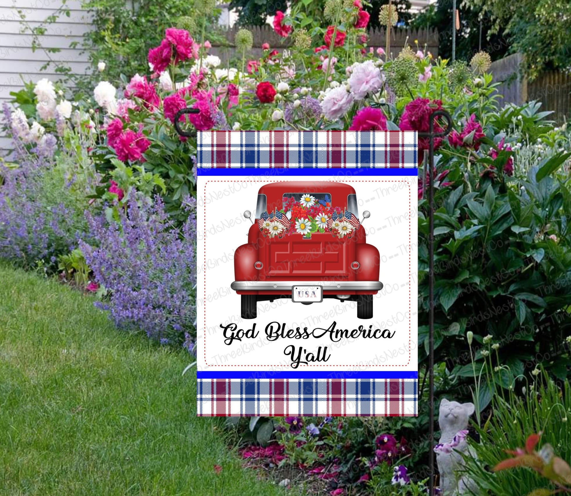 God Bless America Patriotic Red Truck Double Sided Garden Flag