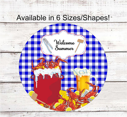 Crab Sign - Beer Sign - Crab Wreath Sign - Welcome Summer Sign - Picnic Sign - Blue Crab Welcome - Beach Welcome Sign - Blue Crab Sign