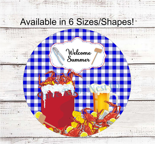 Crab Sign - Beer Sign - Crab Wreath Sign - Welcome Summer Sign - Picnic Sign - Blue Crab Welcome - Beach Welcome Sign - Blue Crab Sign