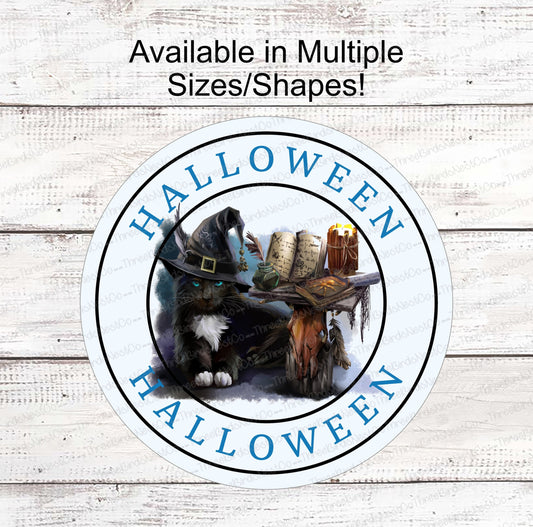Black Halloween Cat on Blue Sign