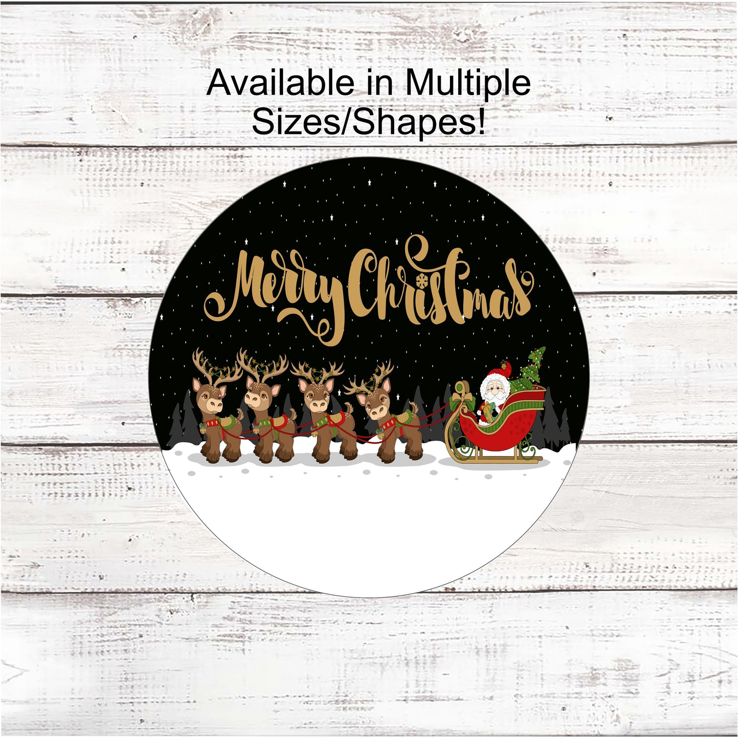 Santa and Reindeer Nighttime Merry Christmas Sign