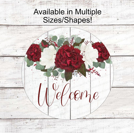 Red and White Flower Border Rustic Welcome Sign