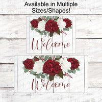 Red and White Flower Border Rustic Welcome Sign