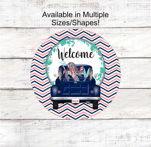 Beach Wreath Sign - Mermaid Sign - Old Truck Sign - Welcome Wreath Sign - Starfish Sign - Beach Wreath - Beach Decor - Beach Welcome Sign