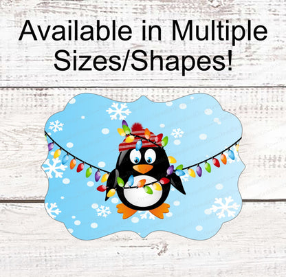 Christmas Wreath Sign - Christmas Penguin - Penguin Sign - Penguin Face Sign - Christmas Lights Sign
