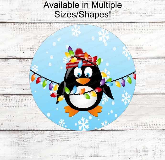 Christmas Wreath Sign - Christmas Penguin - Penguin Sign - Penguin Face Sign - Christmas Lights Sign