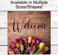 
              Welcome Wreath Sign - Tulip Sign - Tulips Wreath - Tulip Wreath - Spring Wreath Signs - Rustic Wreath Signs - Farmhouse Welcome Signs
            