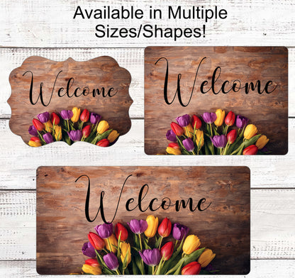 Welcome Wreath Sign - Tulip Sign - Tulips Wreath - Tulip Wreath - Spring Wreath Signs - Rustic Wreath Signs - Farmhouse Welcome Signs
