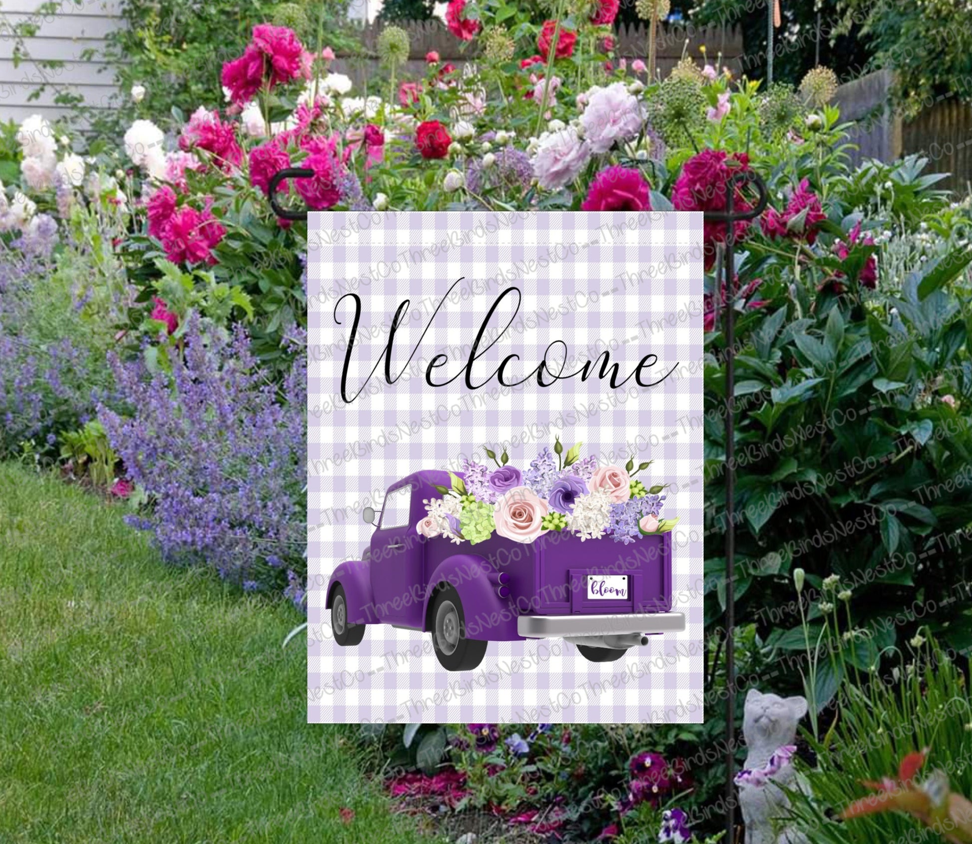Spring Garden Flag - Summer Garden Flag - Old Purple Truck - Welcome Flag - Custom Garden Flag - Double Sided Garden Flag