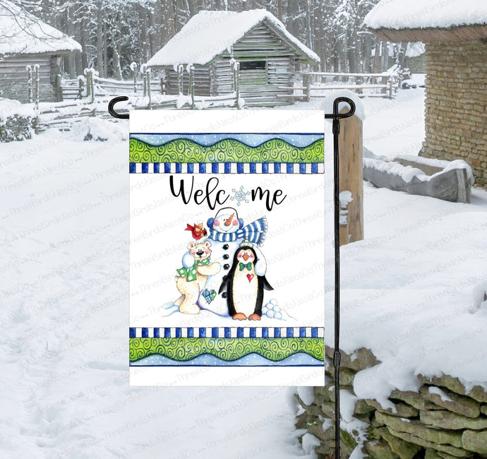 Winter Garden Flag - Christmas Garden Flag - Snowman Garden Flag- Penguin Garden Flag - Polar Bear Garden Flag - Double Sided Garden Flag