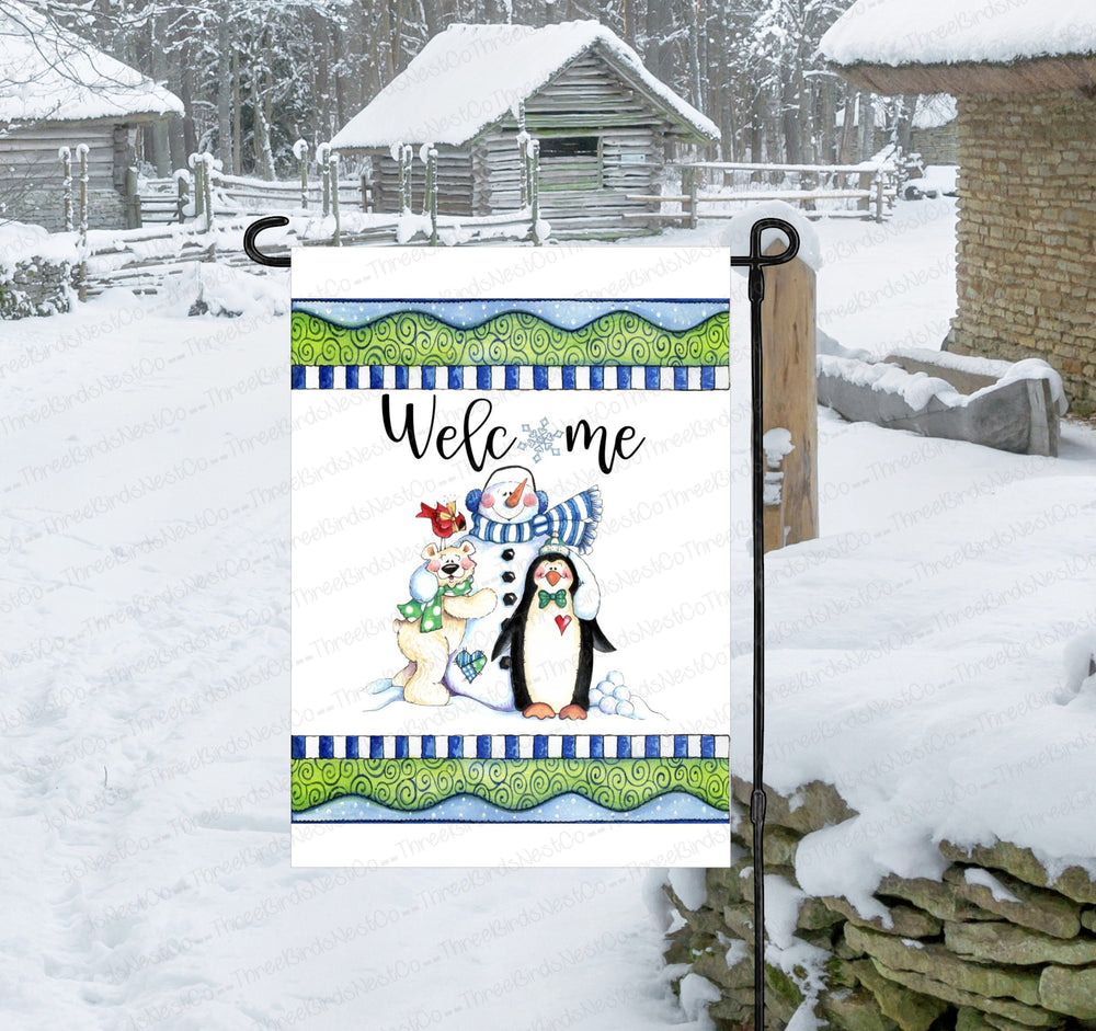 Winter Garden Flag - Christmas Garden Flag - Snowman Garden Flag- Penguin Garden Flag - Polar Bear Garden Flag - Double Sided Garden Flag