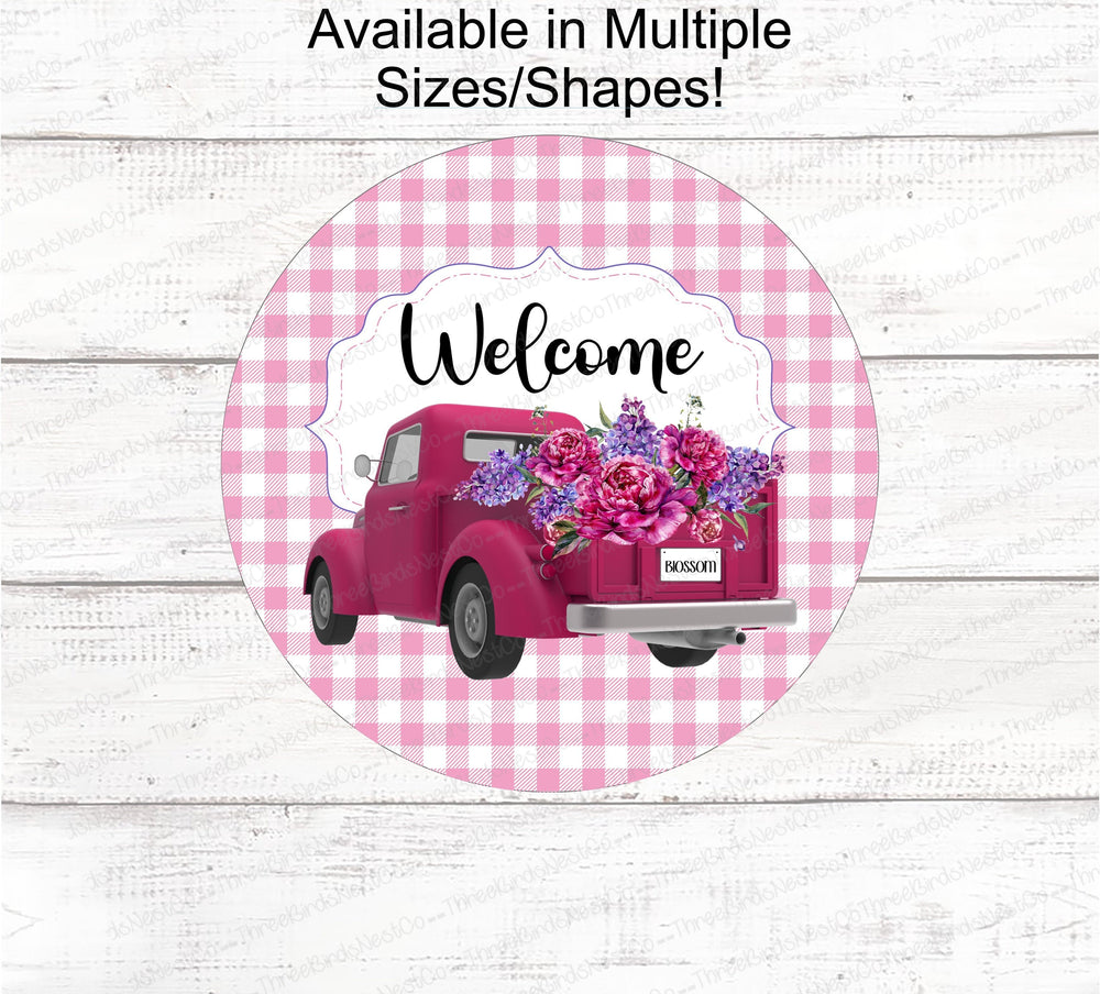 Spring Welcome Signs - Truck Wreath Sign - Spring Wreath Signs - Old Truck Signs - Spring Truck Sign - Floral Wreath Signs - Pink Truck