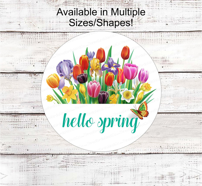 Floral Wreath Sign - Hello Spring Sign - Welcome Wreath Sign - Spring Wreath Signs - Butterfly Sign - Tulips Sign - Floral Welcome Sign