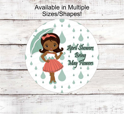 Spring Wreath Sign - April Showers Sign - African American Girl - Black Girl Art - Umbrella Sign