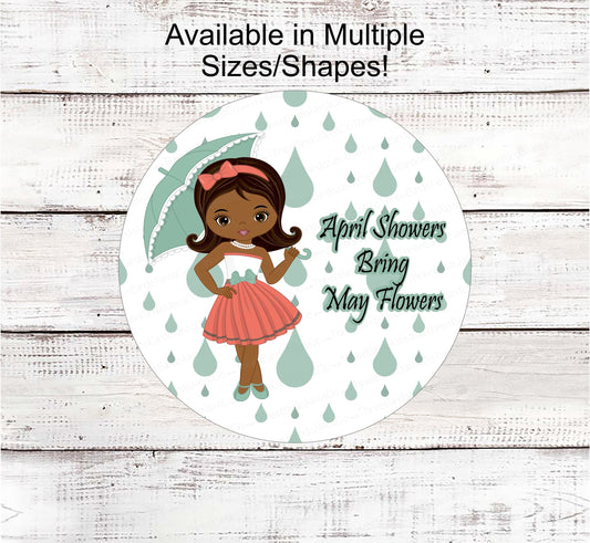Spring Wreath Sign - April Showers Sign - African American Girl - Black Girl Art - Umbrella Sign