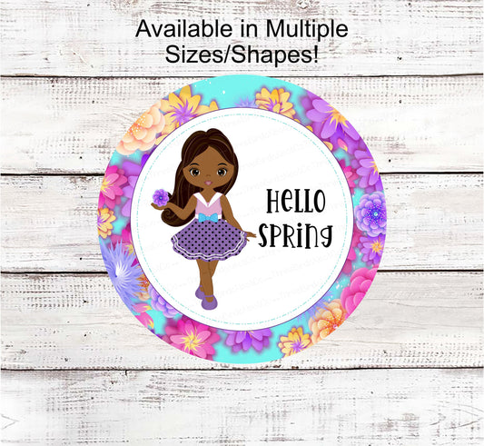 Hello Spring Sign - Spring Wreath Sign - Black Girl Sign - Floral Wreath Sign - African American Girl - Black Girl Art