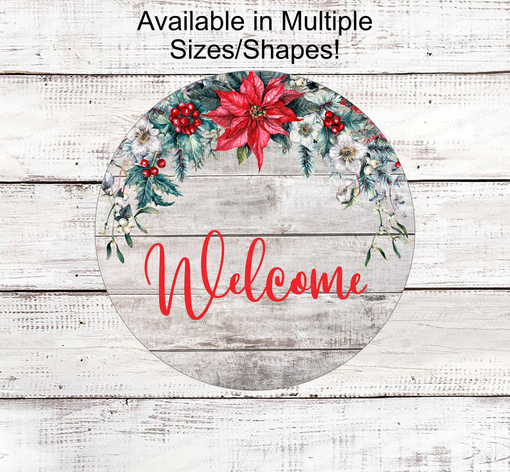 Christmas Wreath Sign - Rustic Christmas Sign - Winter Welcome Sign - Welcome Wreath Sign - Poinsettia Sign - Christmas Floral Sign