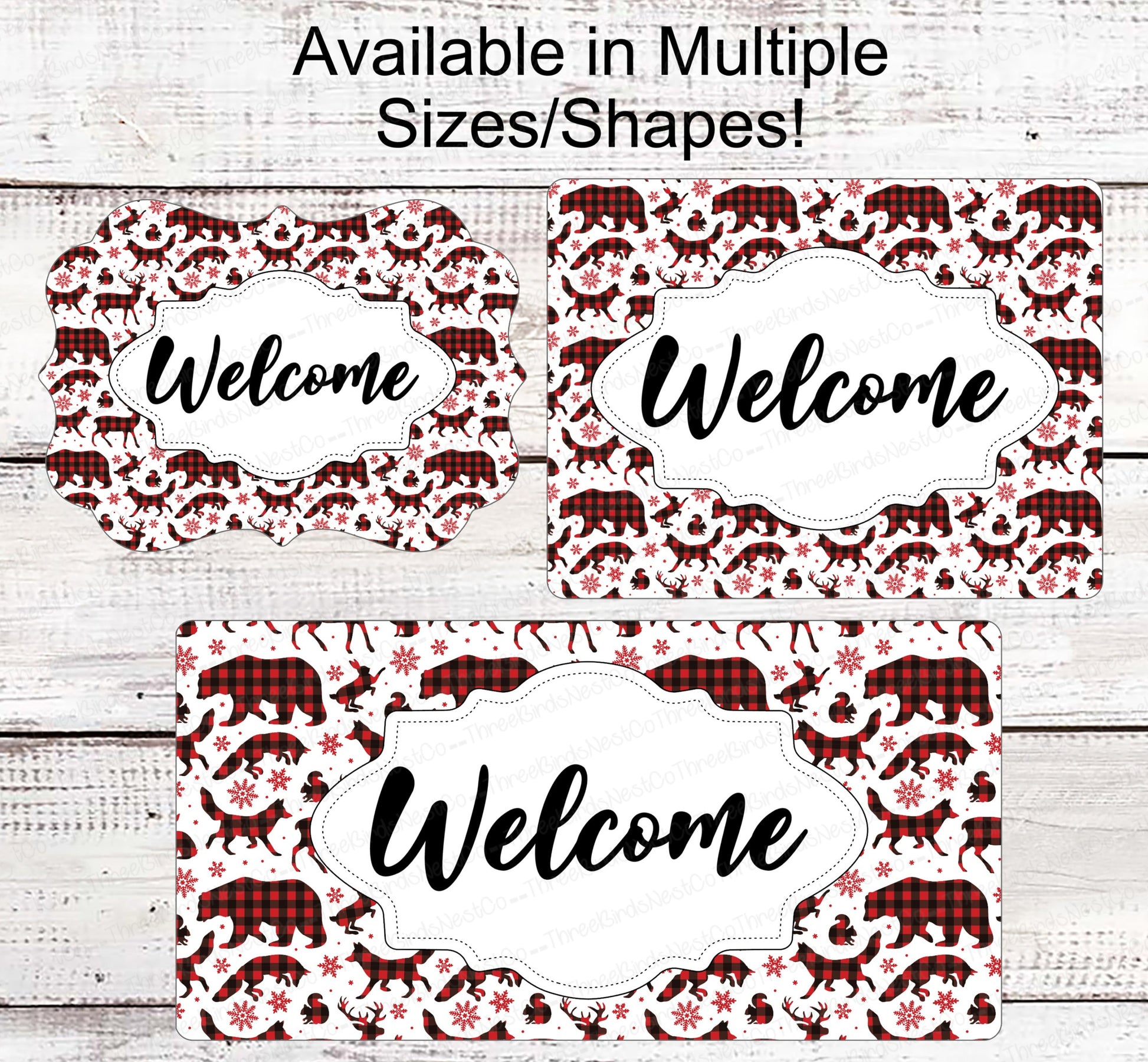 Winter Welcome Sign - Woodland Animals Sign - Bear Sign - Deer Sign - Fox Sign - Buffalo Plaid Sign - Winter Wreath Sign