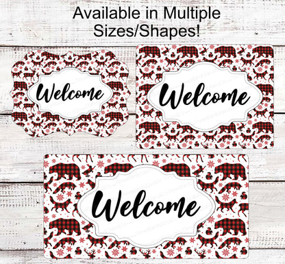 Winter Welcome Sign - Woodland Animals Sign - Bear Sign - Deer Sign - Fox Sign - Buffalo Plaid Sign - Winter Wreath Sign