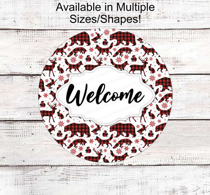 Winter Welcome Sign - Woodland Animals Sign - Bear Sign - Deer Sign - Fox Sign - Buffalo Plaid Sign - Winter Wreath Sign