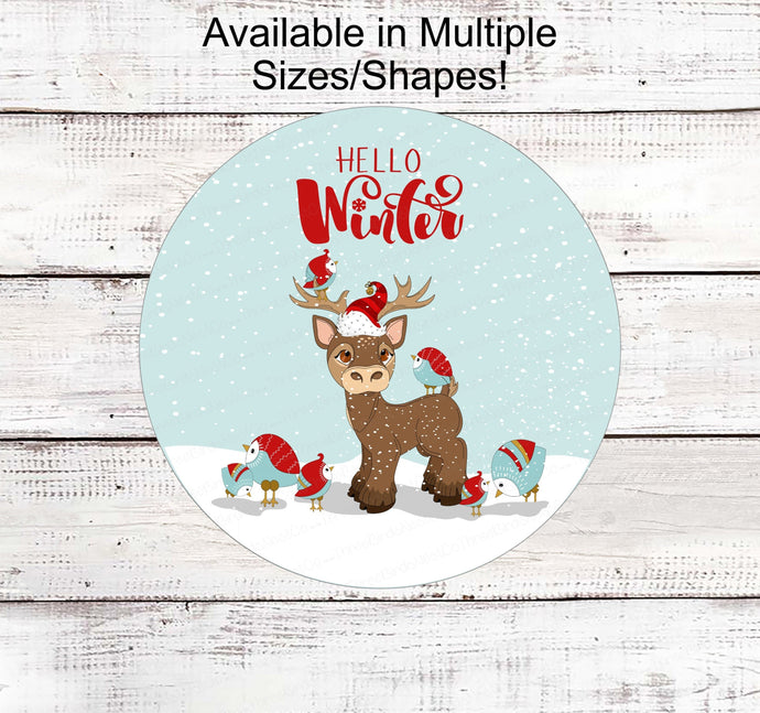 Hello Winter Sign - Reindeer Sign - Christmas Reindeer Sign - Birds Sign - Welcome Wreath Signs