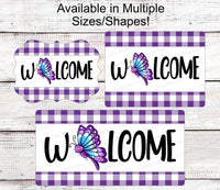 
              Welcome Wreath Sign - Butterfly Sign - Purple Wreath Sign - Buffalo Plaid Sign
            