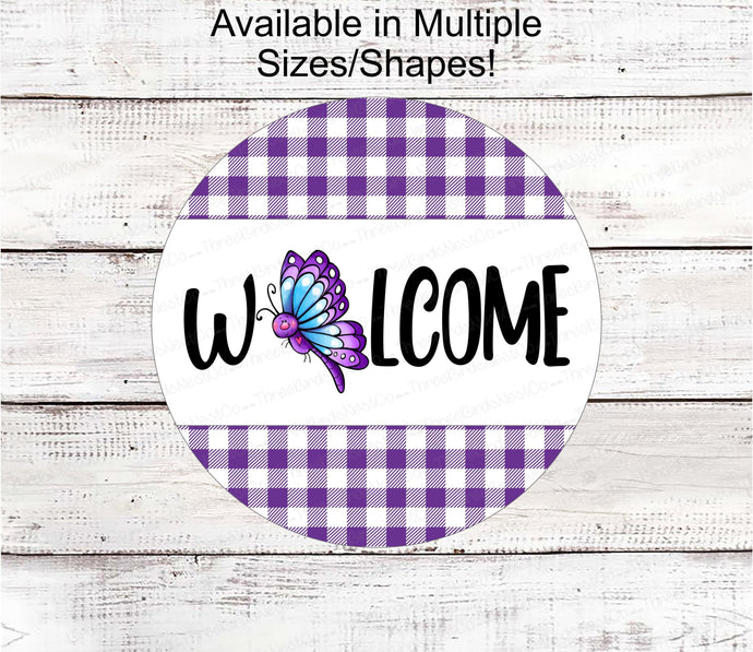 Welcome Wreath Sign - Butterfly Sign - Purple Wreath Sign - Buffalo Plaid Sign