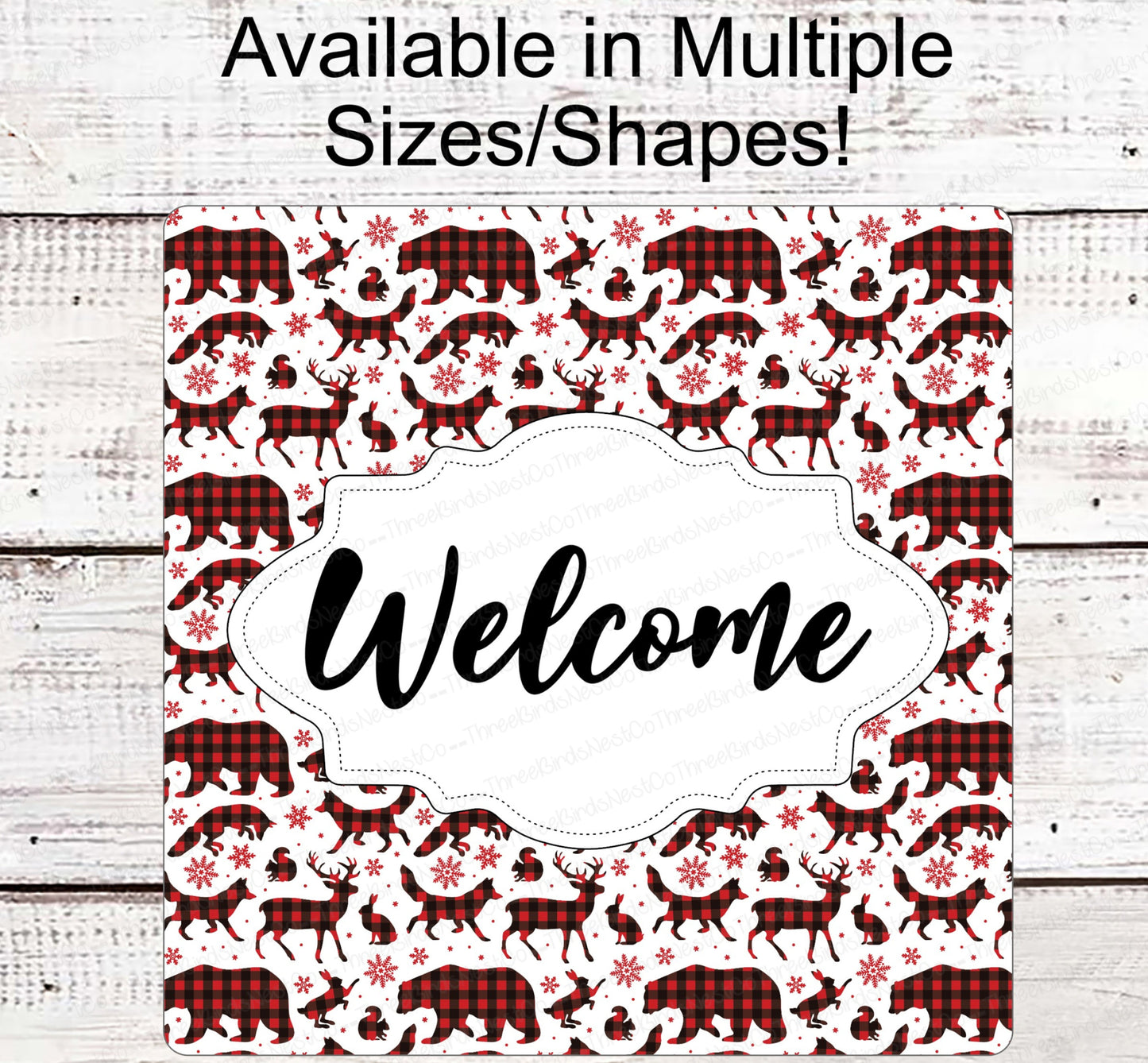 Winter Welcome Sign - Woodland Animals Sign - Bear Sign - Deer Sign - Fox Sign - Buffalo Plaid Sign - Winter Wreath Sign
