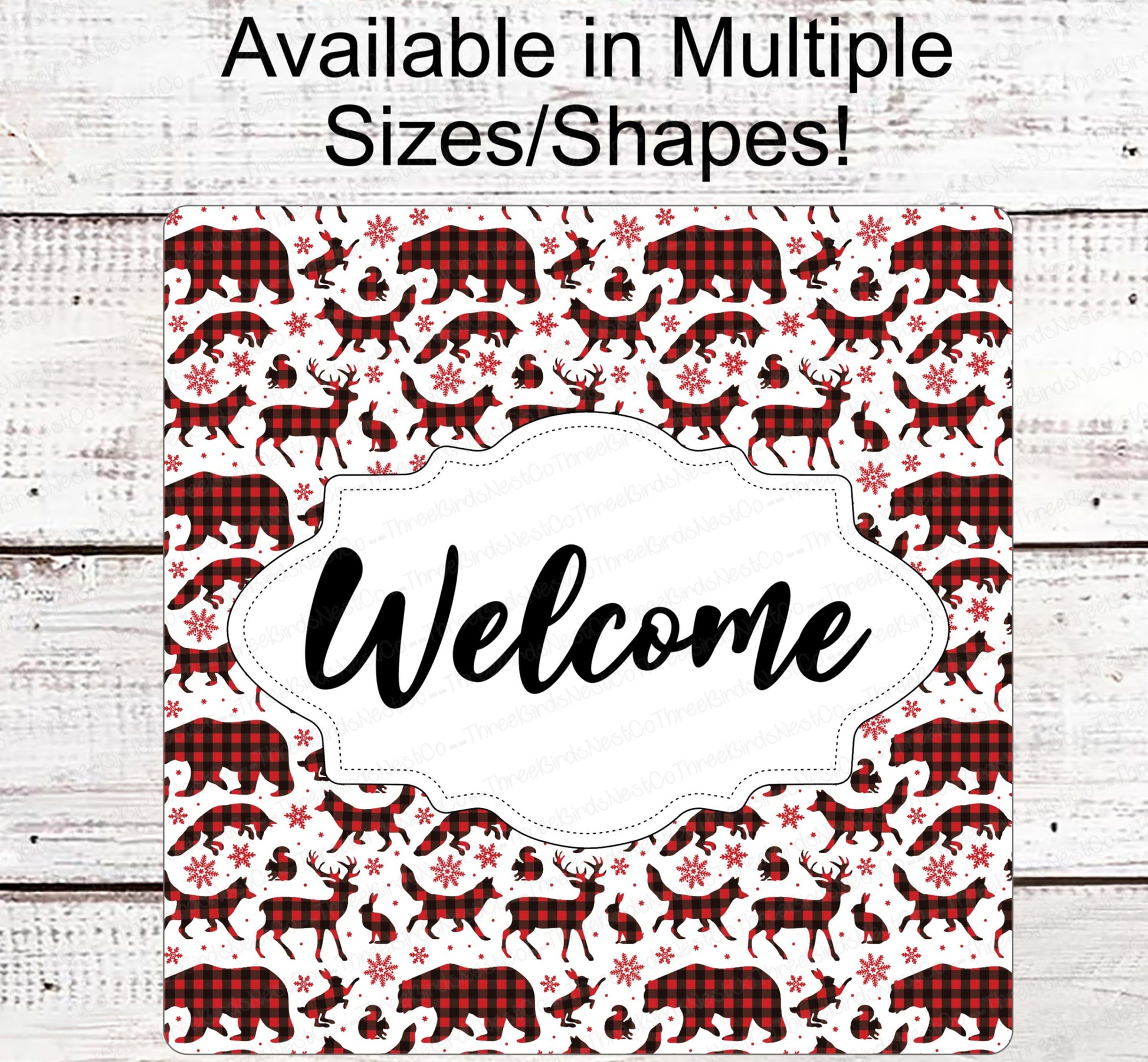 Winter Welcome Sign - Woodland Animals Sign - Bear Sign - Deer Sign - Fox Sign - Buffalo Plaid Sign - Winter Wreath Sign