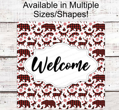 Winter Welcome Sign - Woodland Animals Sign - Bear Sign - Deer Sign - Fox Sign - Buffalo Plaid Sign - Winter Wreath Sign