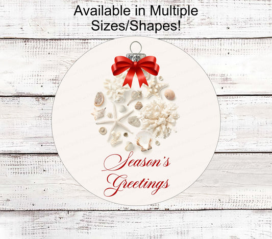 Season Greetings Sign - Christmas Wreath Signs - Ornament Sign - Beach Christmas Signs - Starfish Sign - Shells Sign