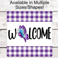 Welcome Wreath Sign - Butterfly Sign - Purple Wreath Sign - Buffalo Plaid Sign