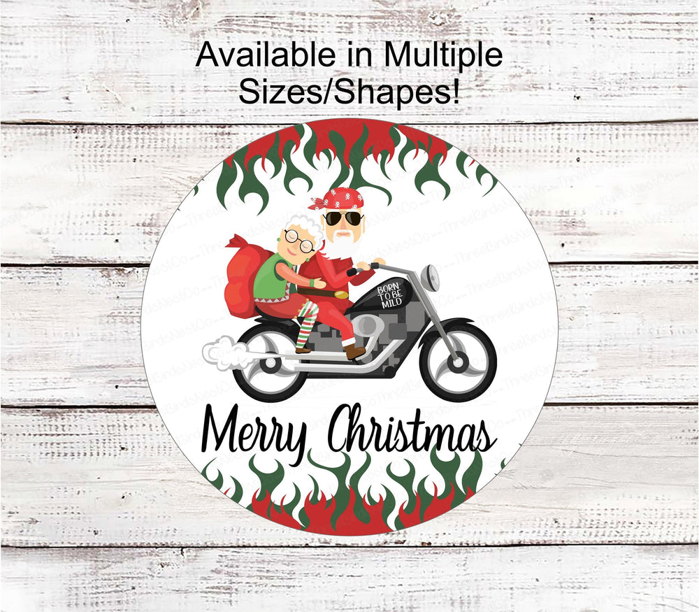 Christmas Wreath Signs - Santa Signs - Motorcycle Santa - Christmas Motorcycle - Merry Christmas Signs - Motorcycle Sign