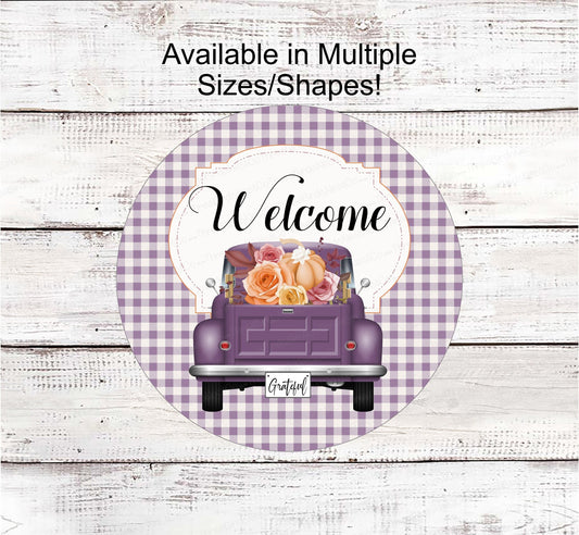 Welcome Wreath Signs - Old Truck Wreath Sign - Fall Wreath Signs - Purple Truck - Pumpkin Truck - Wreath Supplies - Wreath Centers