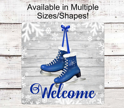 Ice Skates Sign - Winter Welcome Sign - Snowflakes Sign - Rustic Christmas Sign - Rustic Winter Sign - Welcome Wreath Sign