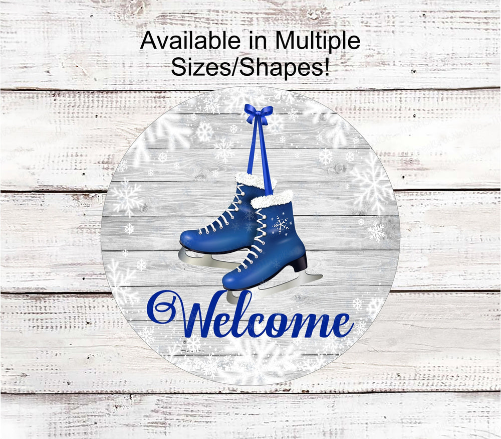 Ice Skates Sign - Winter Welcome Sign - Snowflakes Sign - Rustic Christmas Sign - Rustic Winter Sign - Welcome Wreath Sign