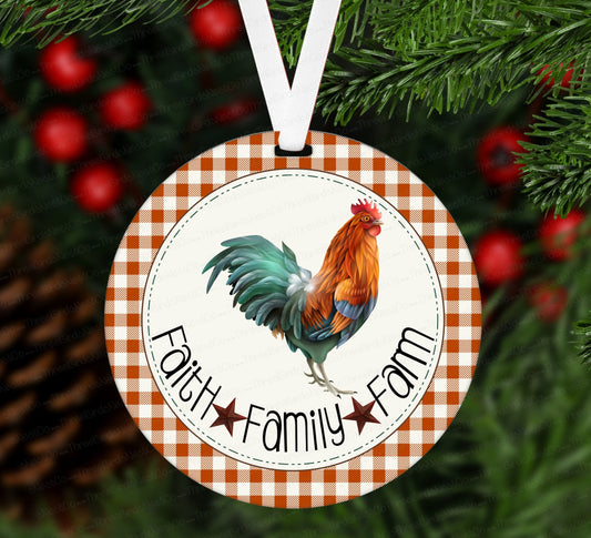 Christmas Ornament - Rooster Ornament - Faith Family Farm - Farmhouse Ornament - Double Sided Ornament - Metal Ornament - ORN9