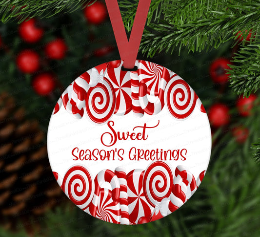 Christmas Ornament - Seasons Greetings - Peppermint Ornament - Candy Cane Ornament - Double Sided Ornament - Metal Ornament - ORN21